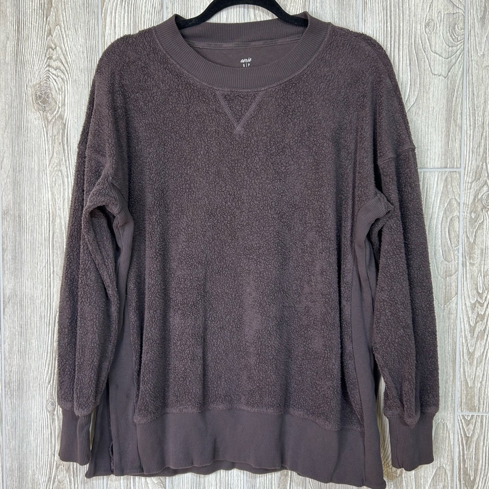 Aerie Good Vibes Oversized Chocolate Brown Side Slit Sweatshirt Women's Small